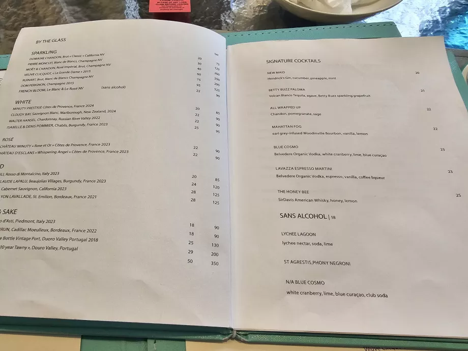 Blue Box, cocktail menu