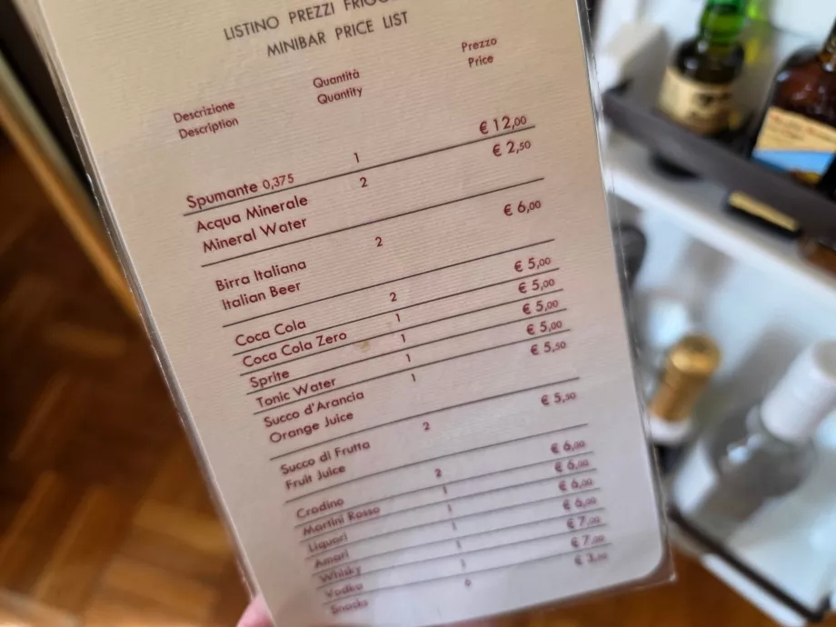 Price list of minibar