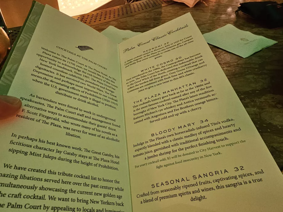 Cocktail menu at the Palm Court Restaurant