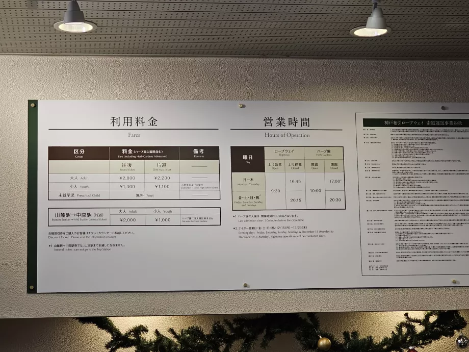 Price list for the gondola to Nunabiki Herb Gardens