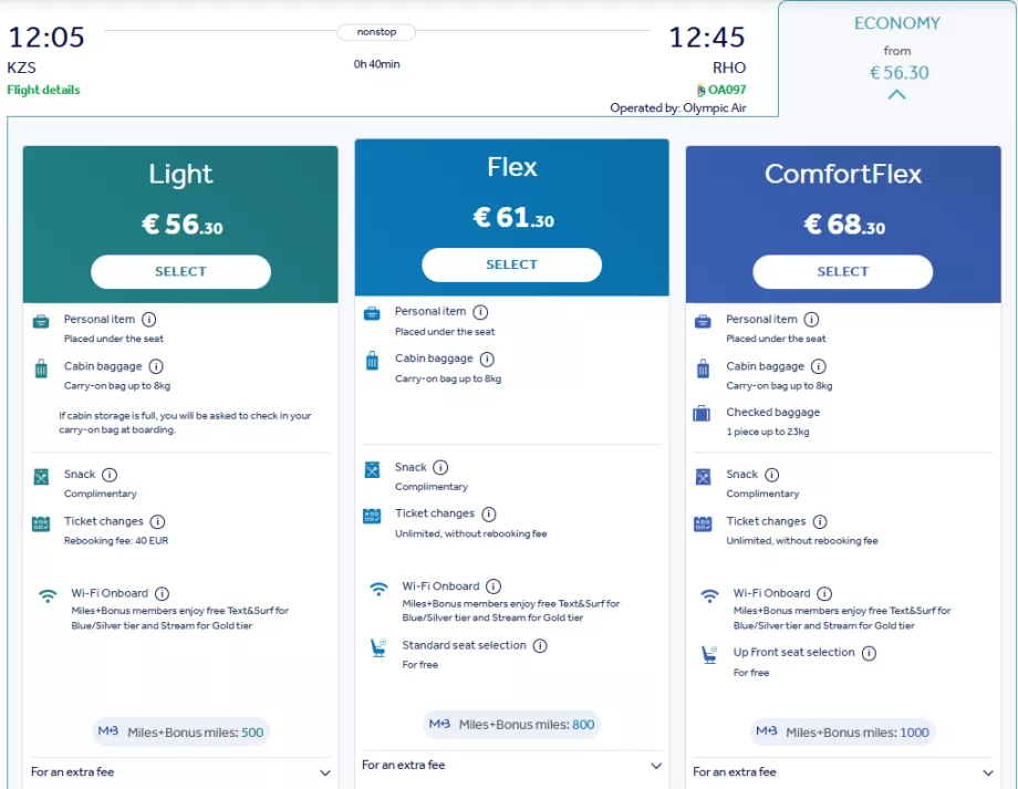 Olympic Air fare classes