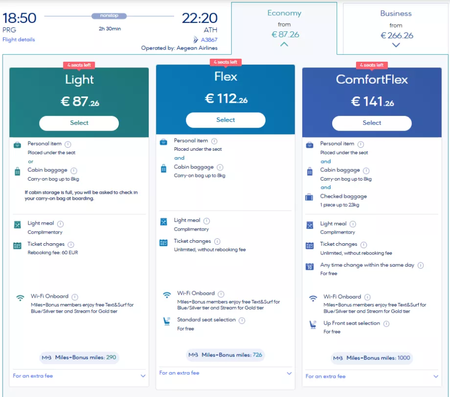 Aegean Airlines fare classes