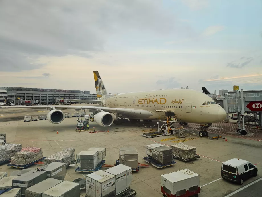 An Airbus A380 at the gate at Singapore Airport
