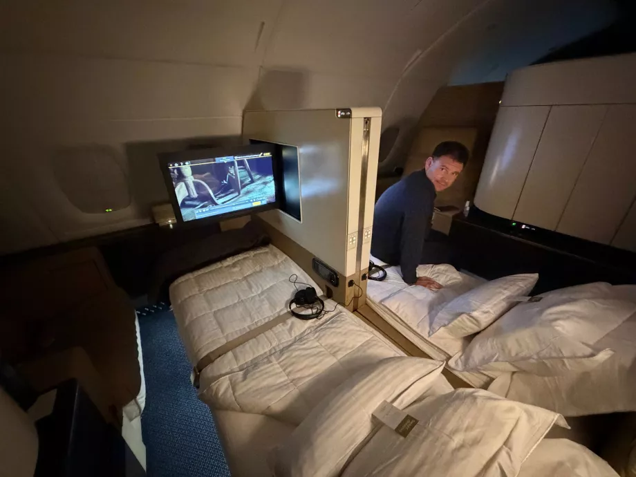 Me on the bed in Etihad Airways’ First Class