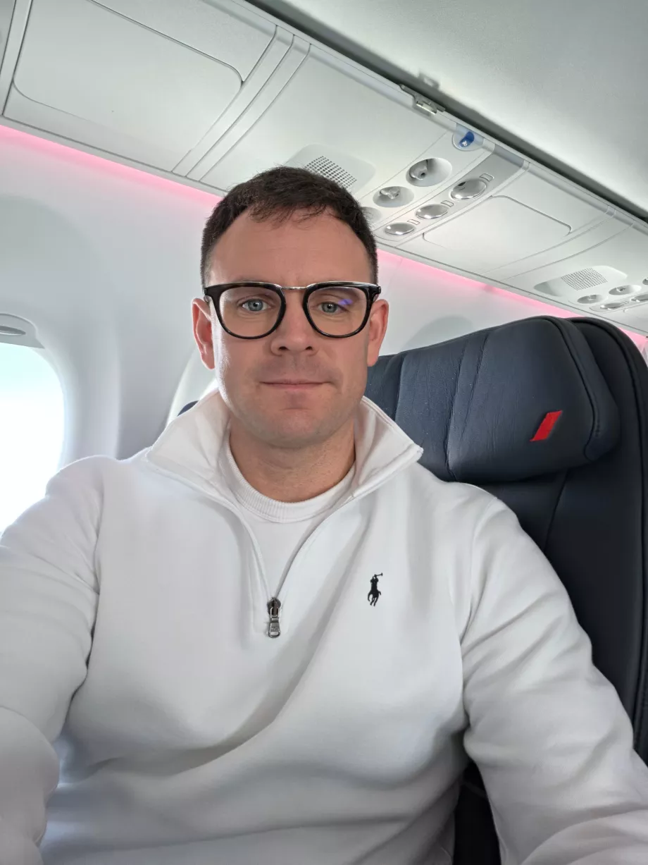 Me in business class on an Airbus A220