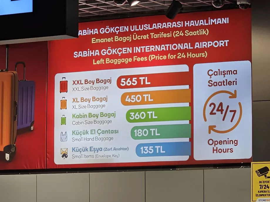 Luggage storage price list, year 2025