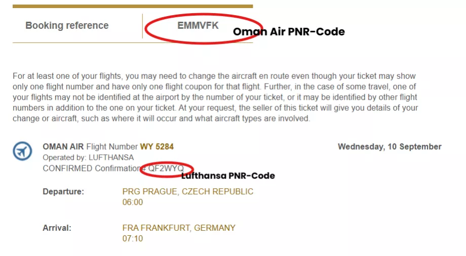 Sample of two PNR codes of two airlines
