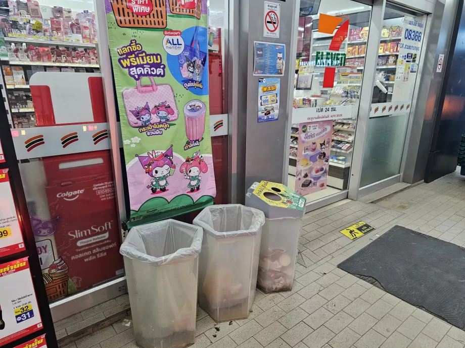 Trash cans are not standard in Thailand, but you can always find them at 7-Eleven