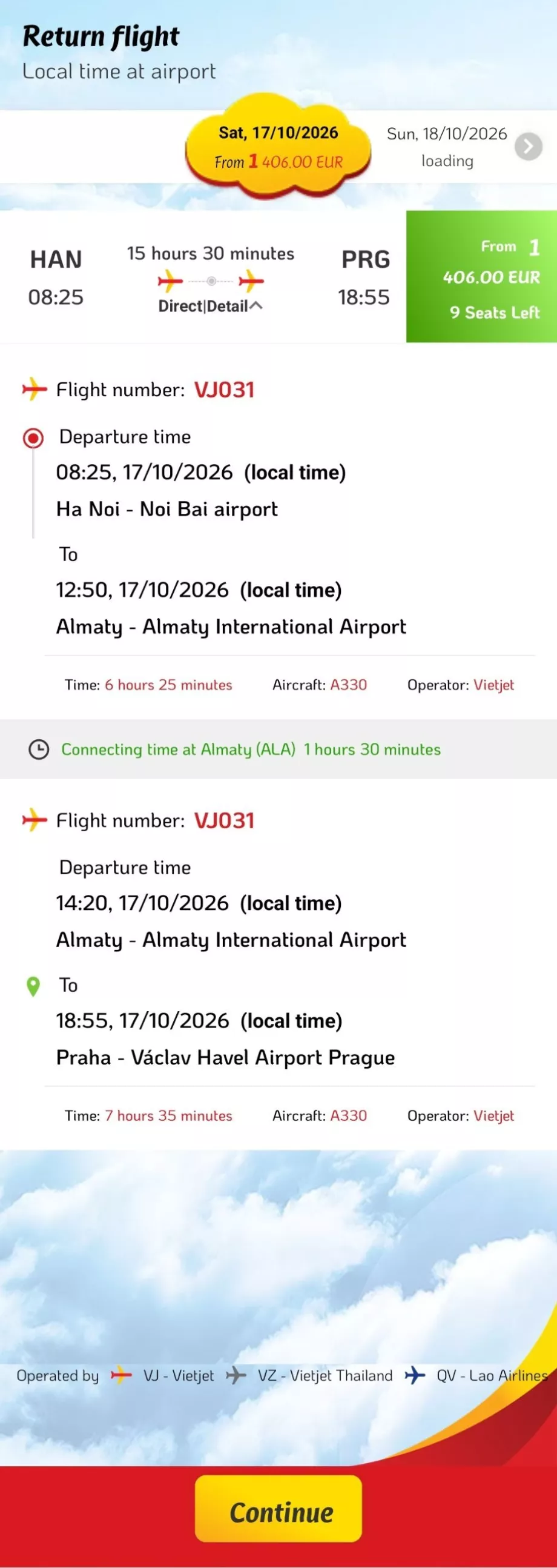 Flight schedule Hanoi - Prague